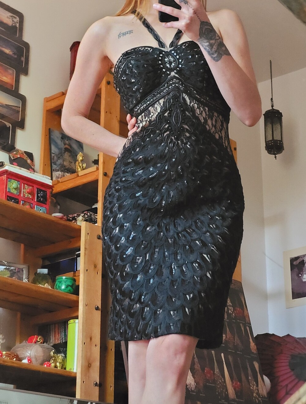 Sue Wong Nocturne Black Lace Beaded Midi Dress with Braided Straps - Size 4